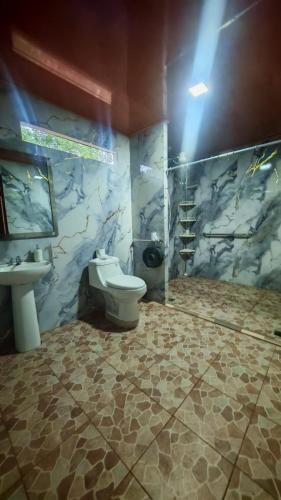 a bathroom with a toilet and a sink at Cabañas Montañas del Tenorio in Rio Celeste