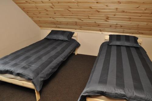 two beds in a room with a wooden ceiling at Retro Ķemeri in Jūrmala