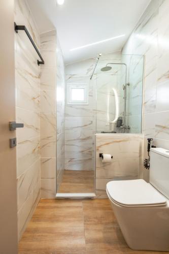 a bathroom with a toilet and a glass shower at Mediterranean Studio Halkidiki in Nea Kallikrateia