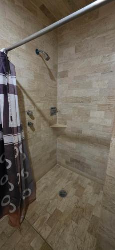 a bathroom with a shower with a shower curtain at Hotel San Jeronimo Inn in Toluca