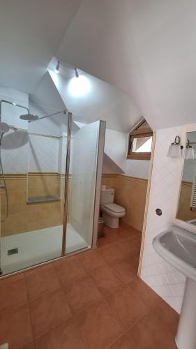 a bathroom with a shower and a toilet and a sink at Enoturismo-Noja in Noja