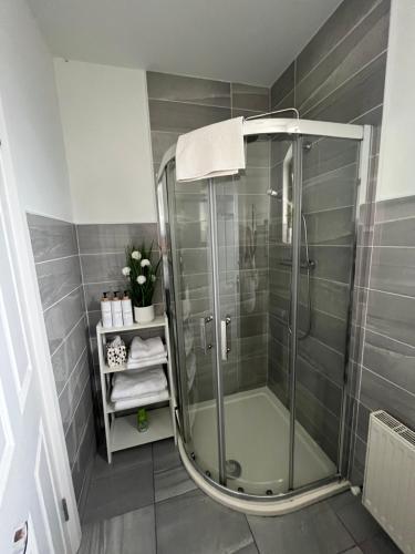 a shower in a bathroom with gray tiles at Atlantic way Apartment 1 in Breaghwy
