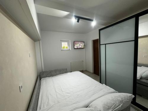 a bedroom with a bed with a glass door at Robert Urban Class in Gura Humorului