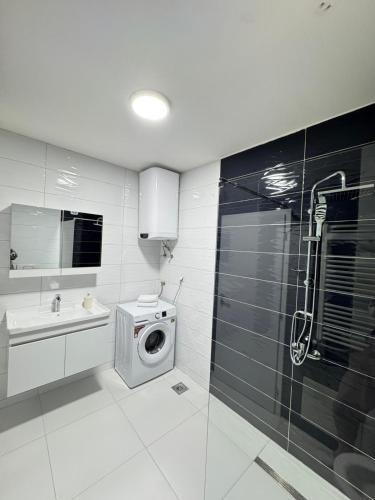a bathroom with a washing machine and a sink at Rubinas Apartment in Prizren