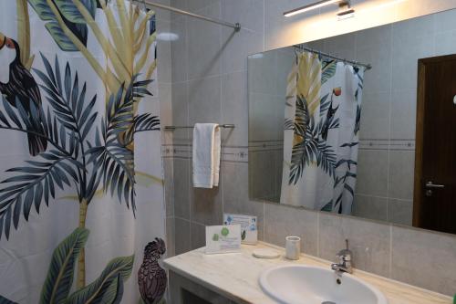 a bathroom with a sink and a mirror at CASA SIMBA , where the fun begins in Ponta Delgada