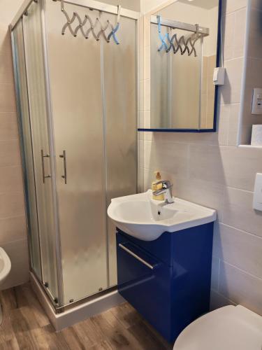 a bathroom with a shower and a sink and a toilet at Monolocale Belvedere in Bovec
