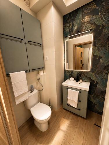 a bathroom with a toilet and a sink and a mirror at MIŁO Apartament Zarembowicza in Wrocław