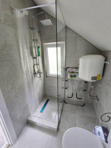 a bathroom with a shower with a toilet and a window at Villa Hristina in Elshani