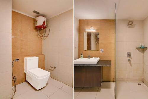 two pictures of a bathroom with a toilet and a sink at The Zean Luxury in Jāmb