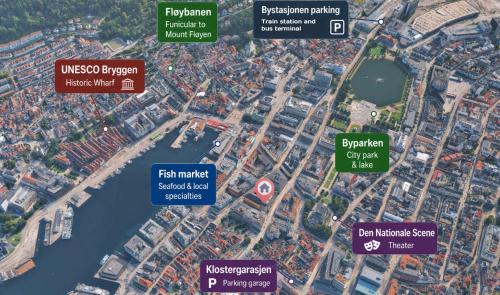 a map of a city and a river at JS10 - 2BR Central Bergen Views in Bergen