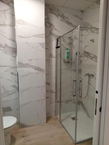 a bathroom with a glass shower with a toilet at D'Canteira in Redondela