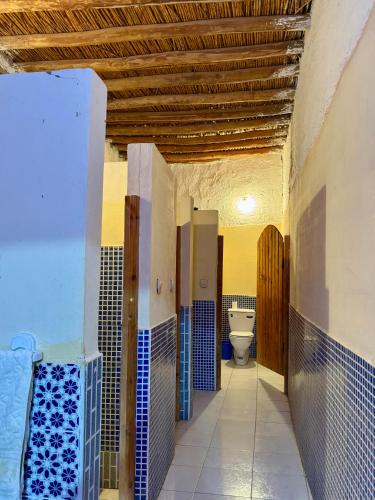 a bathroom with blue and white tile walls and a toilet at Gite d étape Khettara Oasis in Er Rachidia