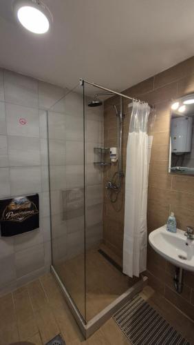 a bathroom with a shower and a sink at Panorama Apartment in Mavrovo