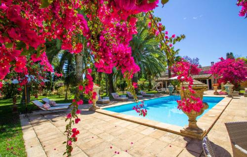 a swimming pool with pink flowers in a yard at Santa Lucia in Binissalem