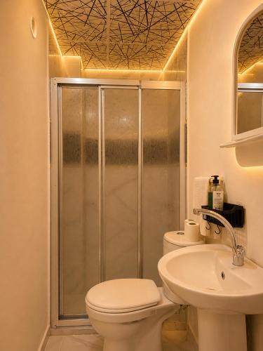 a bathroom with a shower and a toilet and a sink at Grand Sur Butik Otel in Diyarbakır