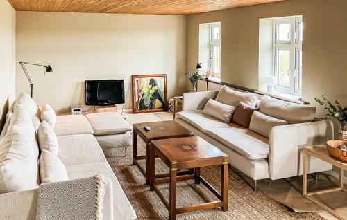 a living room with white couches and a tv at 3 Bedroom Stunning Home In Bedsted Thy in Bedsted Thy