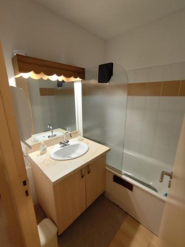 a bathroom with a sink and a shower at Le Carré Coloré in Ustou