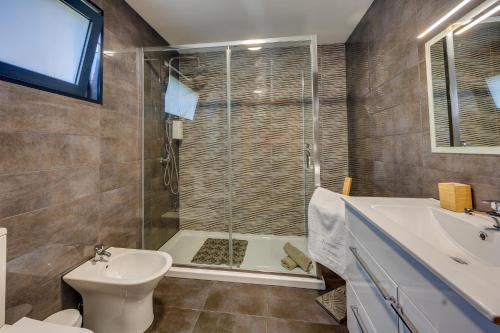 a bathroom with a shower and a toilet and a sink at Os Paizinhos do Arrujo in Cinfães