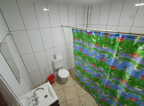 a bathroom with a toilet and a shower curtain at Departamentos Don Julio in Guaraní