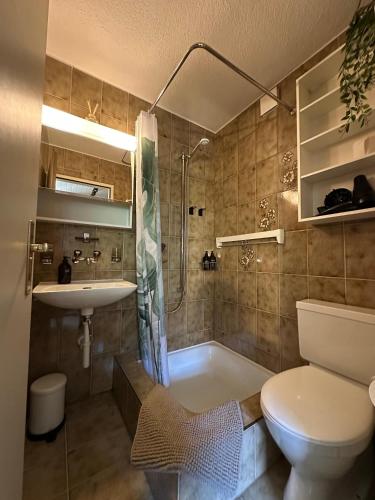 a bathroom with a tub and a toilet and a sink at Alpine Nest Tiltlis, Garden, Central, Lucerne in Engelberg