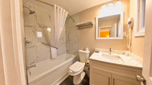 a bathroom with a sink toilet and a shower at Maple Leaf Inn & Suites in Kincardine