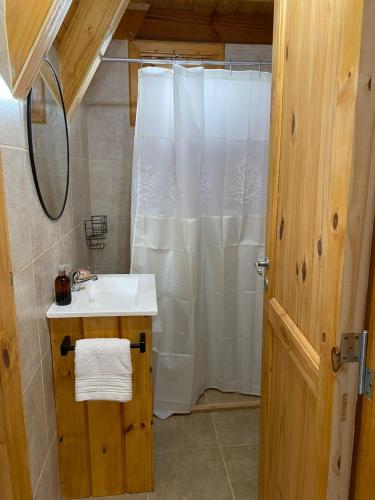 a bathroom with a shower curtain and a sink at Cabañas Damel in Villa Giardino