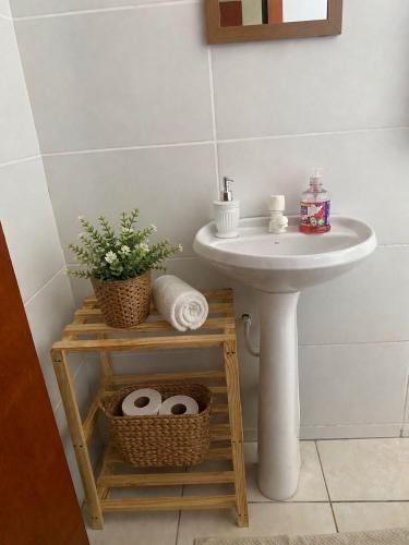 a bathroom with a sink and a table with a plant at Aconchego da Si AP in Nova Mutum