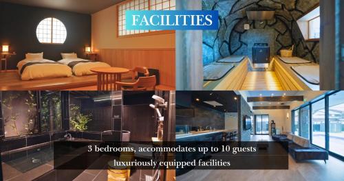 a collage of three pictures of a hotel room at LAKE villa CHITOSE in Hikone