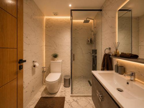 a bathroom with a toilet and a sink and a shower at Madani Palazza Appart & Duplex in Marrakesh