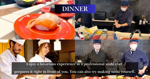 a group of people in a kitchen with a plate of food at LAKE villa CHITOSE in Hikone