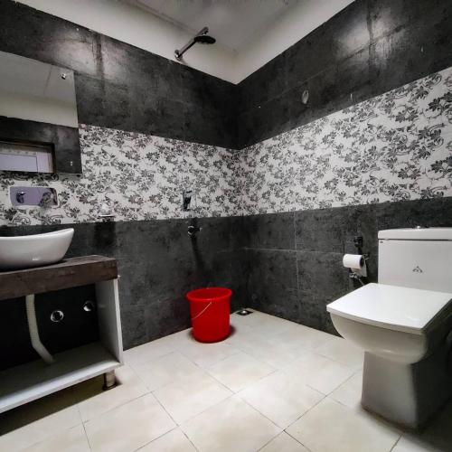 a bathroom with a white toilet and a sink at Yarab tso hotel Tigger Nubra in Nubra