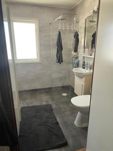 a bathroom with a shower and a toilet and a sink at Villa Mio in Vidsel