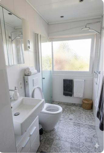 ein weißes Badezimmer mit Toilette und Waschbecken in der Unterkunft Haus Tun in Waldbröl