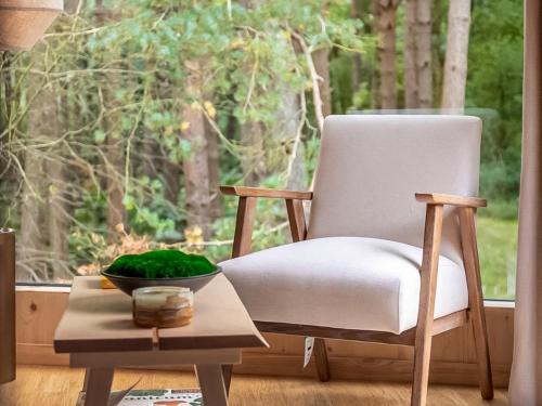 a chair sitting in front of a window with a bowl of greens at Kanna-Qu7625 in Chipping Norton