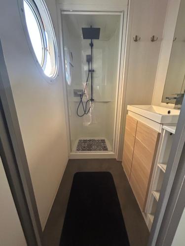 a bathroom with a walk in shower next to a sink at Le SaraLéna in Torreilles