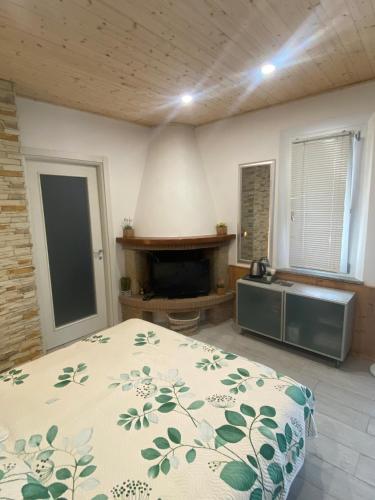 a bedroom with a bed and a fireplace at Le Cupe in Corciano