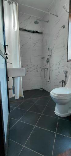 a bathroom with a white toilet and a shower at Hotel Wave Morjim in Morjim