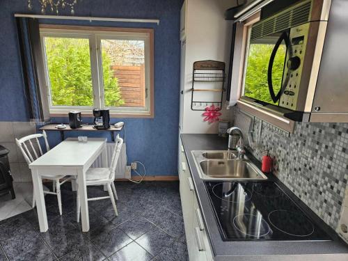 a small kitchen with a sink and a table at Boende nära sjö i Gyltige Simlångsdalen in Simlångsdalen