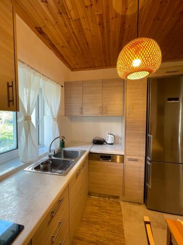a kitchen with a sink and a refrigerator at Taygetos hut in Dhirrákhion