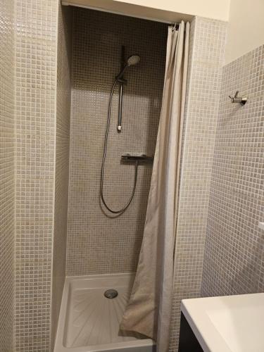a bathroom with a shower with a shower curtain at Cosy travels in Les Andelys