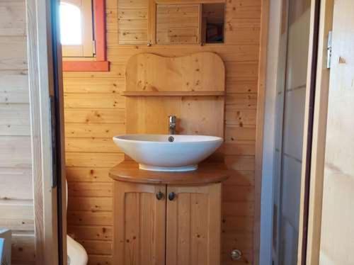 a bathroom with a white sink in a wooden wall at Camping Le Sans Souci in Fresnay-sur-Sarthe