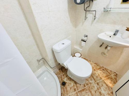 a white bathroom with a toilet and a sink at Apartment Nencheva in Sandanski