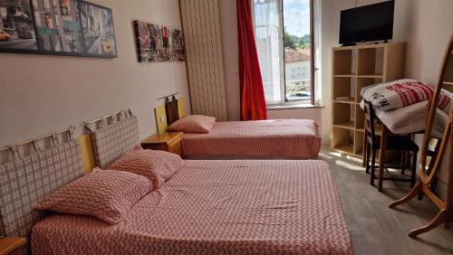 a living room with two beds and a television at Gîte chez la Marie in Épinal