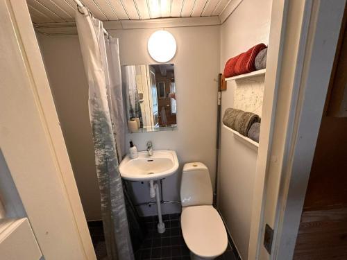 a small bathroom with a toilet and a sink at Daltorps skola - self check in in Skövde
