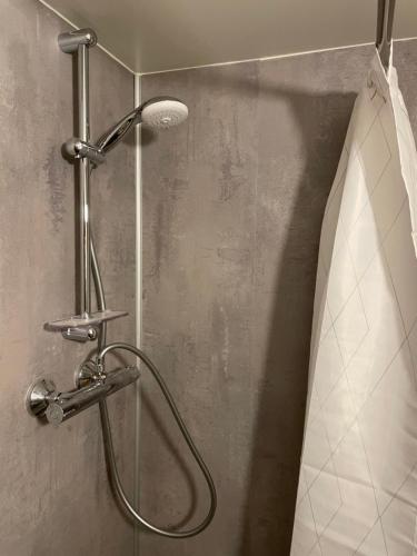 a shower in a bathroom with a shower curtain at Ner-Grefstad gard in Kallstad