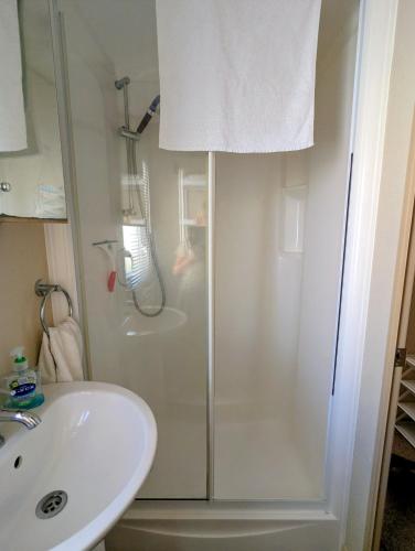 a bathroom with a shower and a white sink at Island Butterfly haven in Sandown