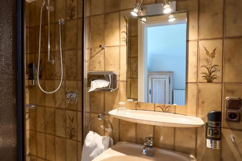 a bathroom with a sink and a mirror and a toilet at Hotel Heidenauer Hof in Heidenau
