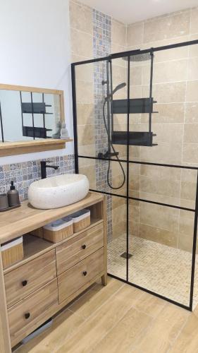a bathroom with a shower and a sink at Propriété avec piscine in Vensac