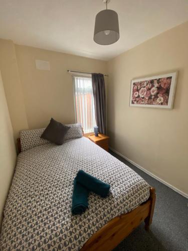a bedroom with a bed with a blue pillow on it at spamount house in Belfast