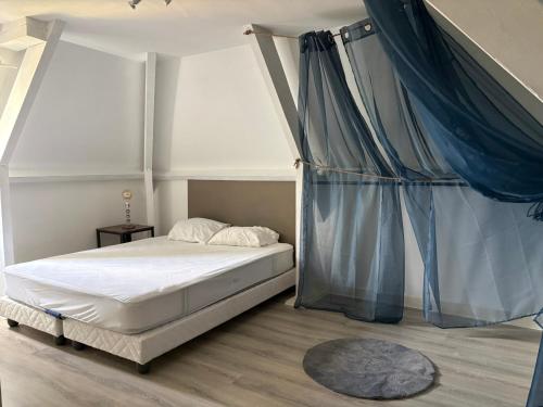 a bedroom with a bed with blue drapes at Maison Salignac 9 personnes in Salignac Eyvigues